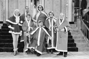 The cast of Are you being served pictured during the shooting of their The cast of Are you being served pictured during the shooting of their