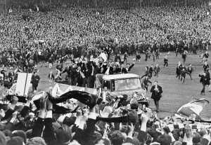 The Celtic football team parade the European Cup trophy from an open top lorry during The Celtic football team parade the European Cup trophy from an open top lorry during