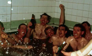 Celtic players celebrate in team-bath April 1988 Celtic players celebrate in team-bath April 1988