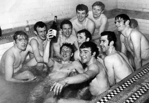 Celtic players celebrating in team bath 1970 Celtic players celebrating in team bath 1970