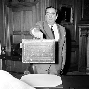 Chancellor Dennis Healey with (Dispatch) Budget Box. March 1976 Chancellor Dennis Healey with (Dispatch) Budget Box. March 1976