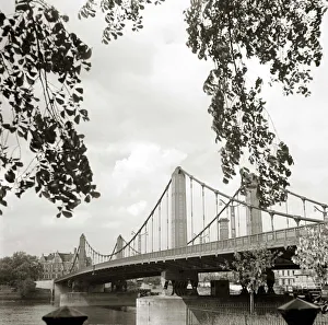 Chelsea bridge London Bridge over the river water Framed by leafy trees Chelsea bridge London Bridge over the river water Framed by leafy trees