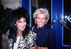 Cher singer actress and Angie Best after a meal in a Soho restaurant June 1985