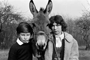 Children with donkey. February 1975 75-00759-001