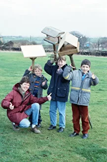 Images Dated 9th January 1992: Children at Emley First School with bird tables donated to the school after an appeal in