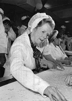 Choice Pickings. Mrs. Thatcher on the production line. June 1983 P009159 Choice Pickings. Mrs. Thatcher on the production line. June 1983 P009159