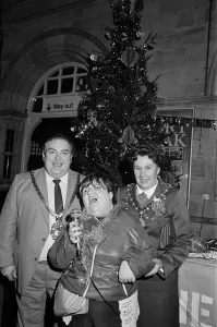 Christmas lights being switched on at a railway station in Teesside, December 1985 Christmas lights being switched on at a railway station in Teesside, December 1985