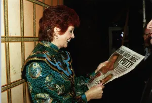 Cilla Black TV Personality reading Daily Mirror during Panto rehearsals at the Wimbledon Cilla Black TV Personality reading Daily Mirror during Panto rehearsals at the Wimbledon