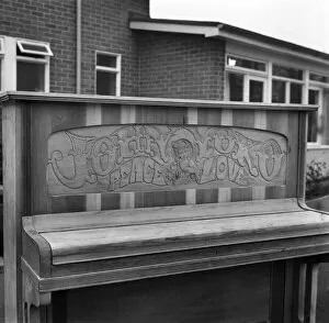 Images Dated 15th January 1971: Close up of the carving on the John Lennon piano which says Joan and Yoko, Pease and Love