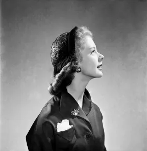 Clothing: Fashion: Hats Hat of ribbon of veiling. June 1952 C3241 Clothing: Fashion: Hats Hat of ribbon of veiling. June 1952 C3241