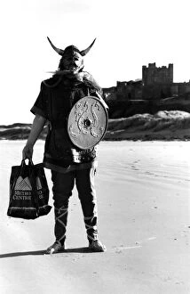 Colin the Viking on Bamburgh beach on 20th February 1990 a sight for the tourists