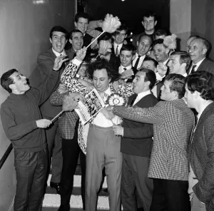 Comedian Ken Dodd is pictured with Liverpool footballers. 30th April 1965 Comedian Ken Dodd is pictured with Liverpool footballers. 30th April 1965