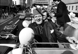 Comedian Tommy Cooper made an opened topped bus trip around the streets of Newcastle Comedian Tommy Cooper made an opened topped bus trip around the streets of Newcastle