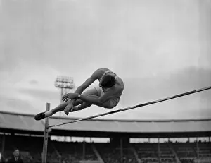 A competitor taking part in the pole vault during the British Games at White City 1950 A competitor taking part in the pole vault during the British Games at White City 1950