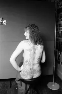01228 Gallery: Connie Cunningham shows off her tattooed back. 28th October 1981