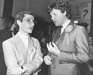 Conservative MP for Torbay Rupert Allason at the General Election count in June 1987 with
