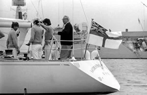 Former Conservative Party leader Ted Heath at the helm of Morning Cloud yacht. May 1975