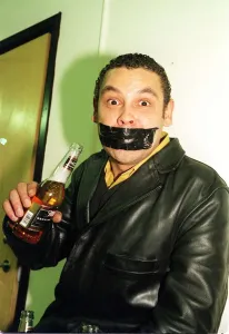 Craig Charles comedian February 1999 at Heriot Watt University Edinburgh with black tape Craig Charles comedian February 1999 at Heriot Watt University Edinburgh with black tape