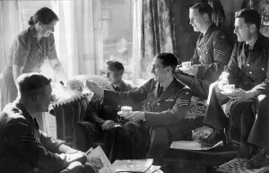 Crew and officers of the RAF enjoying a cup of tea from their host in Blackpool during Crew and officers of the RAF enjoying a cup of tea from their host in Blackpool during
