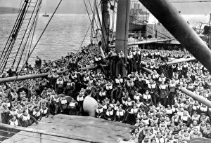 Life Jackets Gallery: Crowded decks following a drill on board a British troopship carrying soldiers of