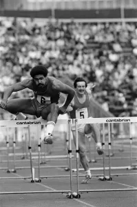 Daley Thompson competes in the 110 meter hurdles at Crystal Palace Daley Thompson competes in the 110 meter hurdles at Crystal Palace