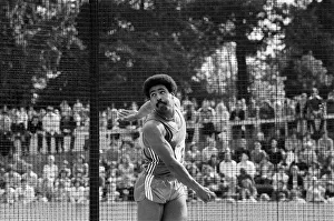 Daley Thompson puts everything into his discus throw on his way to winning Daley Thompson puts everything into his discus throw on his way to winning