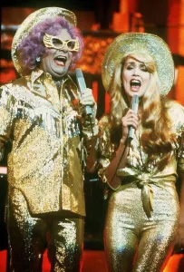 Dame Edna Everage with Jerry Hall at a Royal Variety Performance Dame Edna Everage with Jerry Hall at a Royal Variety Performance