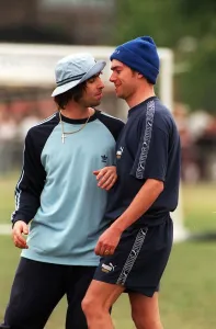 Damon Albarn and Liam Gallagher have a head to head at a charity football match Damon Albarn and Liam Gallagher have a head to head at a charity football match