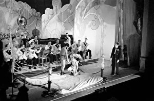 Dance band leader and trumpeter Jack Jackson with his band performing on stage in Dance band leader and trumpeter Jack Jackson with his band performing on stage in