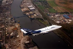 A Dassault Falcon 20 aircraft over the River Tees and the Transporter Bridge in A Dassault Falcon 20 aircraft over the River Tees and the Transporter Bridge in