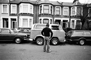 Images Dated 22nd January 1981: Dave Thomas, 35, from Ilford, found the front of a wrecked Volkswagen van