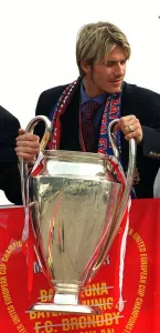 David Beckham holding the European Cup May 1999 during the Manchester United David Beckham holding the European Cup May 1999 during the Manchester United