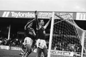 Football Stadium Gallery: David Platt blasts the ball past Neville Southall for Villas fourth goal