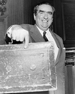 Denis Healey holding up budget box - March 1976 31 / 03 / 1976