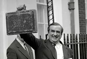Images Dated 6th April 1976: Denis Healy seen here leaving 11 Downing Street holding the budget box on Budget Day 1976