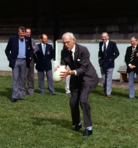 Denis Thatcher holding rugby ball September 1986 Denis Thatcher holding rugby ball September 1986