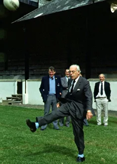 Denis Thatcher kicking rugby ball September 1986 Denis Thatcher kicking rugby ball September 1986