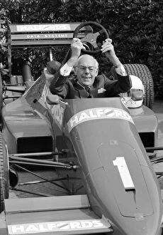 Denis Thatcher pictured in a Halfords racing car - 19 / 07 / 1988