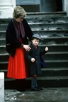 Diana, Princess of Wales accompanies her son Prince William on his first day at Wetherby