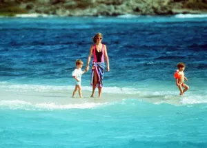 Diana, Princess of Wales with her son Prince Harry on holiday on Necker Island Diana, Princess of Wales with her son Prince Harry on holiday on Necker Island
