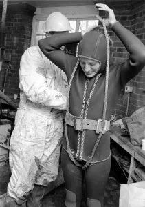 Well diver, Sally Manson. February 1975 75-00667-003 Well diver, Sally Manson. February 1975 75-00667-003