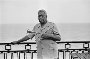 Images Dated 15th July 1989: Dizzy Gillespie seen here on the roof of the Leas Cliff Hall, Folkestone
