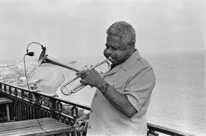 Images Dated 15th July 1989: Dizzy Gillespie seen here on the roof of the Leas Cliff Hall, Folkestone