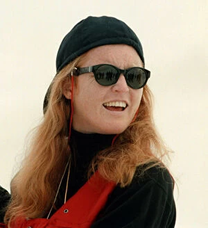 Images Dated 18th April 1996: The Duchess of York Sarah Ferguson waits for the ski lift in the Swiss resort of Verbier