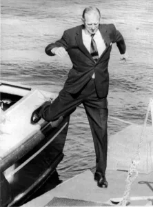 The Duke of Edinburgh. Prince Philip leaps from a boat onto the quay during a visit to The Duke of Edinburgh. Prince Philip leaps from a boat onto the quay during a visit to