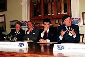 Images Dated 11th December 1991: The Duke of Edinburgh, Prince Philip and rugby player Will Carling attend the press