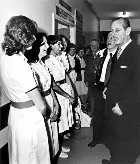 The Duke of Edinburgh. Prince Philip speaks with nurses at Stoke Mandeville Hospital