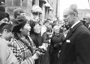 The Duke of Edinburgh. Prince Philip talking with people during walkabout. December 1982 The Duke of Edinburgh. Prince Philip talking with people during walkabout. December 1982