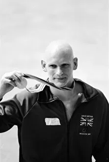 Images Dated 22nd July 1980: Duncan Goodhew swimmer takes part in medal ceremony after winning gold medal in Men'