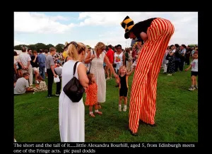 Edinburgh Fringe Festival August 1997 Alexandra Bourhill meets man on stilts Sunday Edinburgh Fringe Festival August 1997 Alexandra Bourhill meets man on stilts Sunday